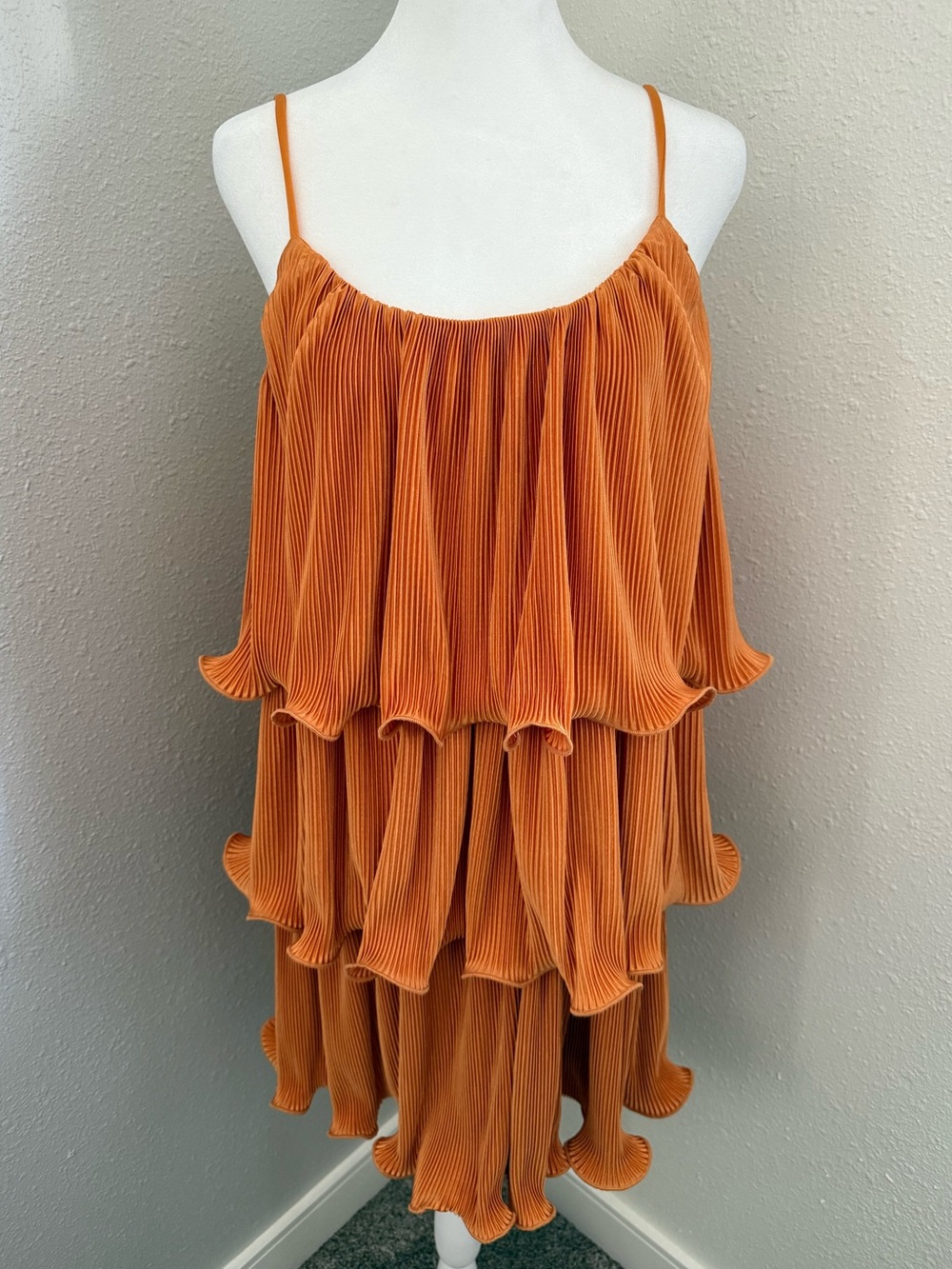 New York & Company Orange Pleated Tiered Ruffle Cami Dress Medium